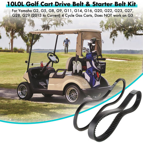 Heavy Duty Golf Cart Drive Belt And Starter Generator Belt for Yamaha G2 to G29 4 Cycle Gas Carts, two-piece kit shown.