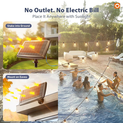 102Ft Solar String Lights With Remote Waterproof Outdoor Patio Garden Lights 32 Shatterproof LED Bulbs over pool scene