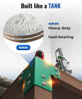 Heavy Duty Workbench Bracket Kit 8 Pack 4mm Steel Corner Brackets For 2x4 Lumber Rust Resistant Powder Coated Easy DIY Assembly With Screws Included Durable Garage Shelving And Framing Hardware showing a 4mm bracket installation.