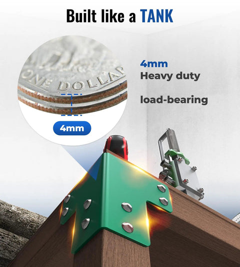 Heavy Duty Workbench Bracket Kit 8 Pack 4mm Steel Corner Brackets For 2x4 Lumber Rust Resistant Powder Coated Easy DIY Assembly With Screws Included Durable Garage Shelving And Framing Hardware showing a 4mm bracket installation.