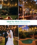 Collage displaying 105ft Solar String Lights Outdoor Waterproof Patio Lighting With 30 Plus 2 Shatterproof S14 Bulbs at various locations