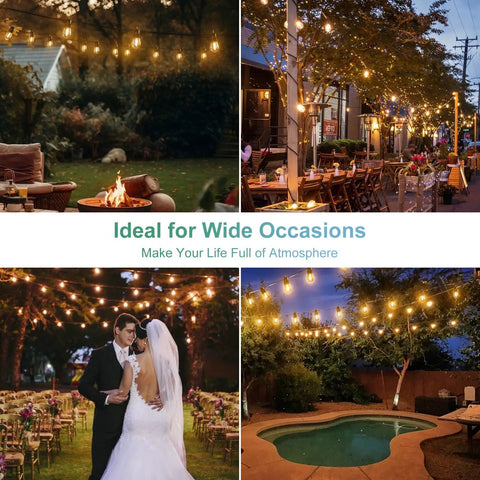 Collage displaying 105ft Solar String Lights Outdoor Waterproof Patio Lighting With 30 Plus 2 Shatterproof S14 Bulbs at various locations
