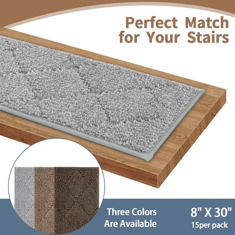 Non Slip Stair Treads Peel And Stick 8x30 Inches 15 Pack Indoor Stair Runner Mats for Wood Steps Grey showing texture and color options