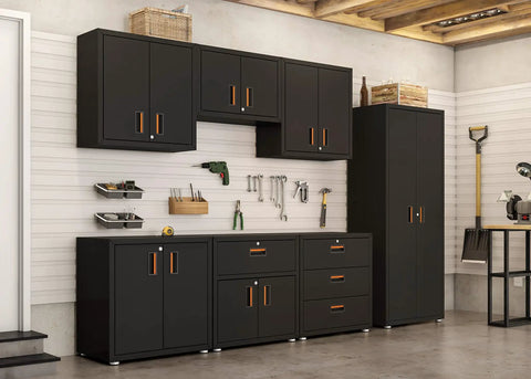 Ready To Assemble Floating Garage Storage Cabinet For Wall Mount With Lockable Double Doors Heavy Duty Steel Construction Removable Shelf 44 Pound Capacity Black Metal Cabinet For Tools And Garage Gear installed in modern garage