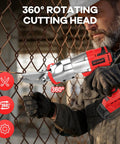 Milwaukee M18 18V Battery Cordless Metal Shear Cutter With 295 Feet Pounds Torque Power cutting through a chain link fence.