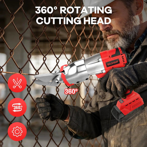 Milwaukee M18 18V Battery Cordless Metal Shear Cutter With 295 Feet Pounds Torque Power cutting through a chain link fence.