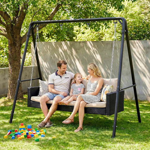 Family enjoying Beefed Up Heavy Duty Porch Swing Stand With Adjustable Height A Frame For Outdoor Patio Garden Deck Holds 440 Lbs
