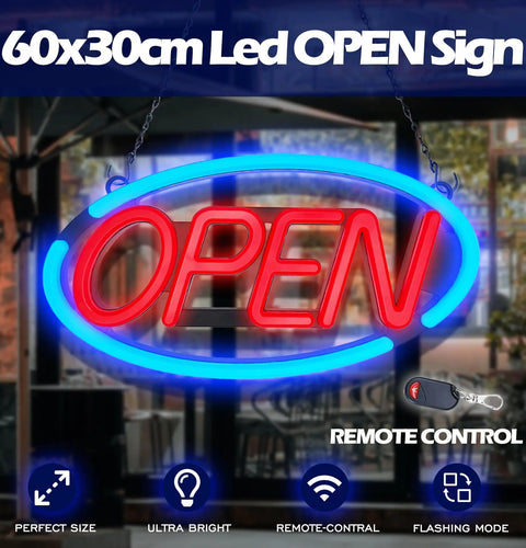 LED Open Sign For Business With Remote Control, Bright 24x12 Inch Window Sign For Restaurants Bars Retail Shops Salons And Storefronts, Blue And Red LED Neon Look, 12V Power Supply displayed.