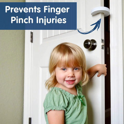 Soft EVA Foam Finger Pinch Guard Door Stopper 4 Pack Easy C Shape Baby Proofing Guard That Fits Any Door Prevents Injuries From Slamming Doors Keeps Kids And Pets Safe From Getting Locked In White shown on top of door preventing injury to child