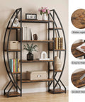 Industrial Oval Etagere Bookshelf With Triple Wide Design And Five Tiers Boss Black Iron Pipe Frame And Wood Shelves