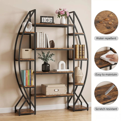 Industrial Oval Etagere Bookshelf With Triple Wide Design And Five Tiers Boss Black Iron Pipe Frame And Wood Shelves