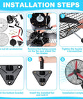Installation steps for Heavy Duty 22 Inch Wall Mount Oscillating Fan with red aluminum blades and parts laid out.