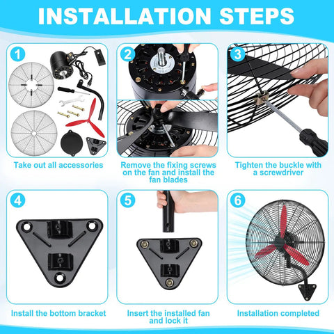 Installation steps for Heavy Duty 22 Inch Wall Mount Oscillating Fan with red aluminum blades and parts laid out.