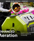 Person adding food scraps to Outdoor Tumbling Composter Bin With Dual 360 Degree Rotation And 42 Gallon Capacity For Fast Home Composting Dual Chamber With Sliding Access Doors Heavy Duty Steel Frame UV And Weather Resistant Tumbler in green.