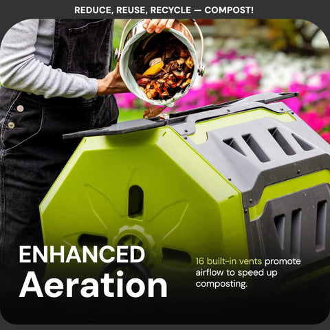 Person adding food scraps to Outdoor Tumbling Composter Bin With Dual 360 Degree Rotation And 42 Gallon Capacity For Fast Home Composting Dual Chamber With Sliding Access Doors Heavy Duty Steel Frame UV And Weather Resistant Tumbler in green.