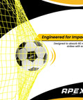 Soccer ball hitting yellow net with text 'Engineered for Impact' emphasizing strength, designed to absorb 60 mph strikes.