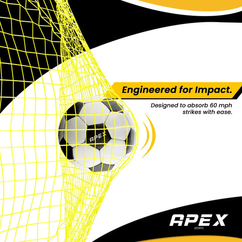 Soccer ball hitting yellow net with text 'Engineered for Impact' emphasizing strength, designed to absorb 60 mph strikes.