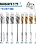16 Piece Drill Bore Brush Set With Long One Quarter Inch Hex Shank Handles For Cleaning Drill Holes In Tight Spots, includes metallic and brass wire brushes