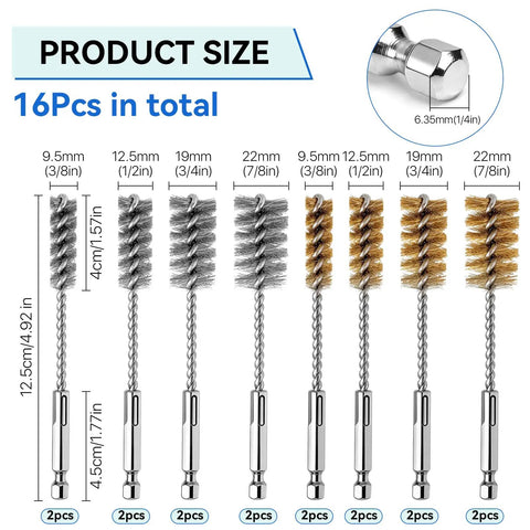 16 Piece Drill Bore Brush Set With Long One Quarter Inch Hex Shank Handles For Cleaning Drill Holes In Tight Spots, includes metallic and brass wire brushes
