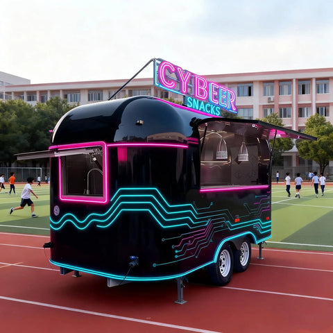 Commercial Grade Coffee Trailer And Mobile Hot Dog Cart Featuring Chef Ready Full Kitchen Setup With Plug And Play Wiring To Help You Crush Sales At Street Events, black exterior, neon design, mobile concession unit.