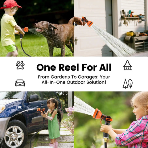 Children and dog enjoying Retractable Garden Hose Reel With 5/8 Inch 90 Foot Hose, Wall Mounted With 9 Function Sprayer Nozzle
