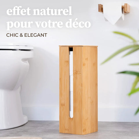 Bamboo Toilet Paper Storage Holder With Lid On A Sturdy Bamboo Base next to a toilet, space saving roll dispenser, eco-friendly design