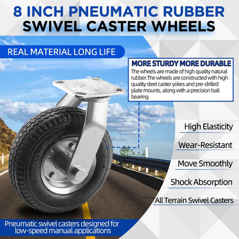 8 Inch Pneumatic Swivel Caster Wheels With Zinc Top Plate And 360 Degree Rotation For Cart Dolly Trolley Workbench And Wagon