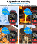 Digital Infrared Thermometer Gun With Probe For Non Contact Temperature Readings, Fast Laser Temp Gun For Cookin And Grillin On The Grill, Pizza Oven, Griddle And Meat, Adjustable Emissivity 0.1 To 1.0, 12:1 Distance To Spot, -40 To 1472 Fahrenheit showing emissivity settings