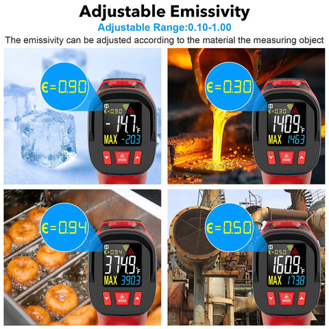Digital Infrared Thermometer Gun With Probe For Non Contact Temperature Readings, Fast Laser Temp Gun For Cookin And Grillin On The Grill, Pizza Oven, Griddle And Meat, Adjustable Emissivity 0.1 To 1.0, 12:1 Distance To Spot, -40 To 1472 Fahrenheit showing emissivity settings