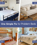 Queen Size Bunkie Board 60 X 80 Featuring Zipper Secured Panels For Zero Sag Mattress Support Tight Grip Bed Foundation Base And Foldable Platform Setup in a room with different bed setups.
