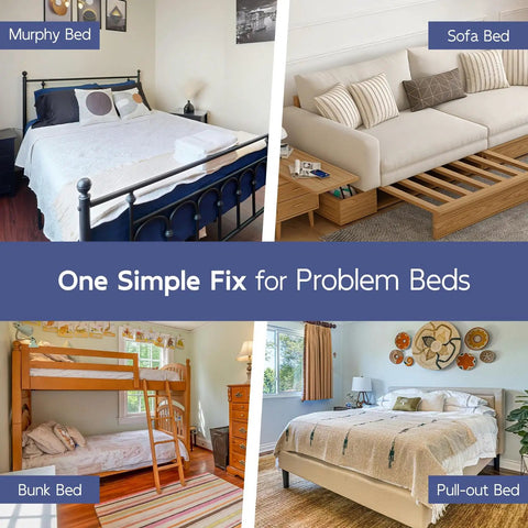 Queen Size Bunkie Board 60 X 80 Featuring Zipper Secured Panels For Zero Sag Mattress Support Tight Grip Bed Foundation Base And Foldable Platform Setup in a room with different bed setups.