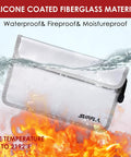Fireproof Document Bag 11x7 Waterproof Multi Layer Money Safe with Zippers shown submerged in water and surrounded by flames.