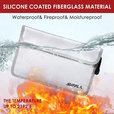Fireproof Document Bag 11x7 Waterproof Multi Layer Money Safe with Zippers shown submerged in water and surrounded by flames.
