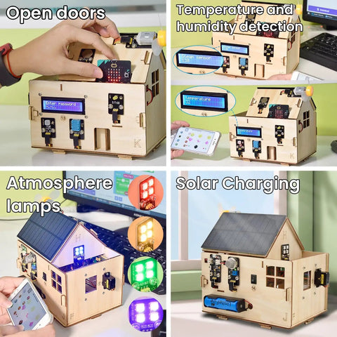 Microbit Smart Home Starter Kit for STEM Coding Projects Age 15 Plus Build an Intelligent Home With Automated Lighting Environmental Monitoring Security Alerts and Smart Fan Control A Fun Hands On Project That Turns Coding Into Real World Innovation. wooden smart house kit with LCD, sensors, solar panel, and phone control