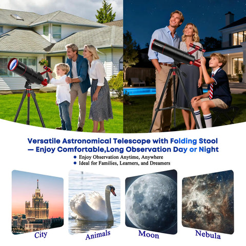 High Powered 90mm Aperture 550mm Refractor Telescope For Adults And Kids Dope Lunar Craters And Terrestrial Views Fully Multi Coated Optics For Bright Crisp Night Sky Viewing. telescope on tripod for family day and night viewing