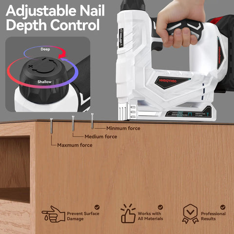 Heavy Duty Cordless Brad Nailer And 2 In 1 Electric Stapler With Fast Charge Battery showing adjustable nail depth control.