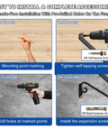 Installation steps for Heavy Duty Wall Mounted Outdoor Stair Handrails Sized Perfect For One To Two Steps, showing tools on wood and concrete.