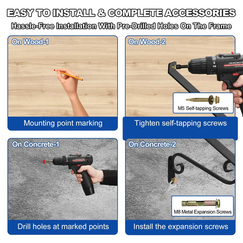 Installation steps for Heavy Duty Wall Mounted Outdoor Stair Handrails Sized Perfect For One To Two Steps, showing tools on wood and concrete.
