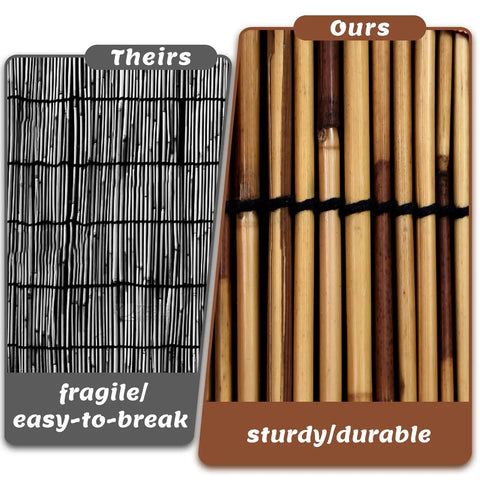 Comparison of two fence panels: left is fragile reeds, right is sturdy Natural Reed Fence Panel 6 Ft By Sixteen Point Four Ft Bamboo Privacy Screen.