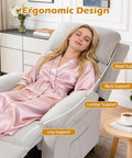 Woman relaxing in Cozy Linen Recliner Chair With Padded Deep Seat And Side Pockets, Easy Manual Recline To Near Flat For Reading or TV