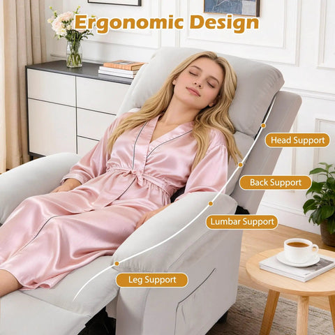 Woman relaxing in Cozy Linen Recliner Chair With Padded Deep Seat And Side Pockets, Easy Manual Recline To Near Flat For Reading or TV