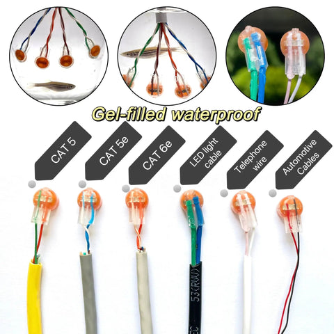 50 Pack UY2 K2 Gel Filled Waterproof IDC Wire Splice Connectors for telephone, network, and low voltage cables shown with various wires