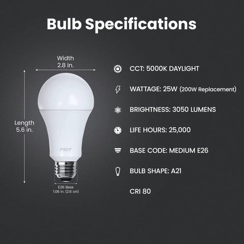 Bright A21 LED Bulb 200W Equivalent 3050 Lumens 5000K Daylight E26 Base with specifications and dimensions