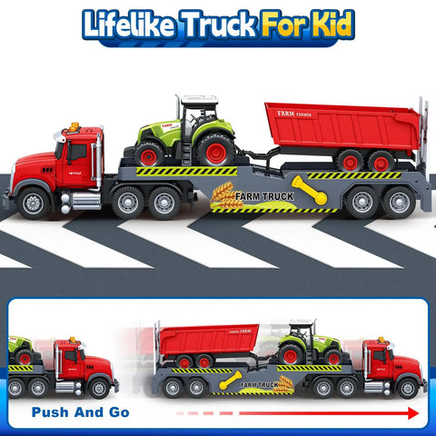 3 In 1 21 Inch Semi Flatbed Truck Toy With Farm Truck For Toddlers And Kids Ages 3 4 5 6 7 Friction Powered Vehicles With Lights