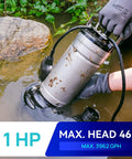 Person holding 1HP Submersible Sewage Grinder Pump With Stainless Steel Cutting Blade, Cast Iron Impeller, ideal for basins