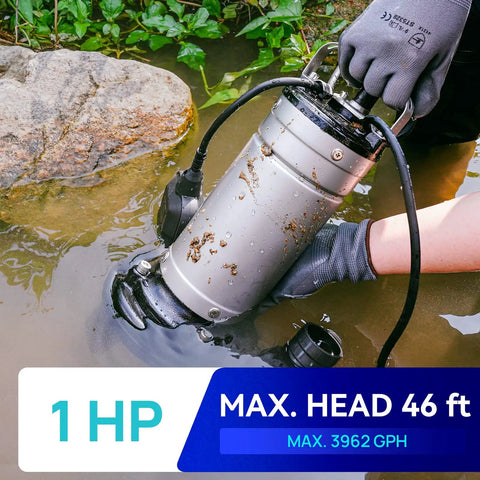 Person holding 1HP Submersible Sewage Grinder Pump With Stainless Steel Cutting Blade, Cast Iron Impeller, ideal for basins
