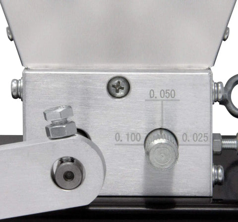 Close-up of Grain Mill With 7 Lb Aluminum Hopper And Two Beefy Adjustable Gap Rollers For Hand Crank Or Drill Powered Milling Integral Drive Shaft