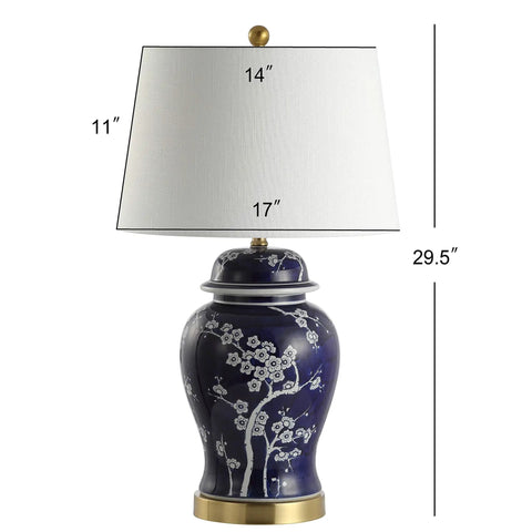 Traditional Ceramic Ginger Jar Table Lamp In White And Navy, Dope Chinoiserie Inspired Bedside Light, 29.5 Inch Tall