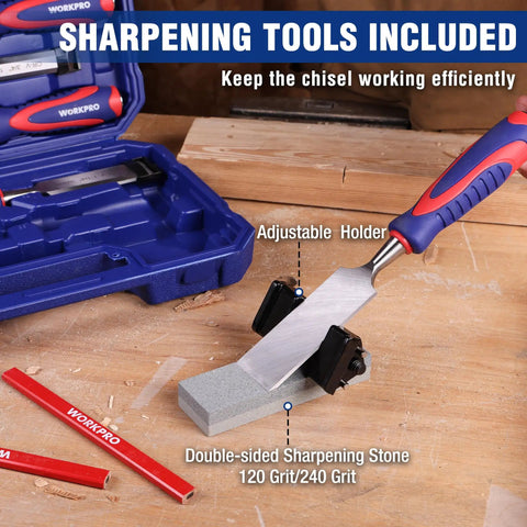 True Workhorse 10 Piece Bevel Edge Wood Chisel Set sharpening tools, double-sided sharpening stone with adjustable holder.