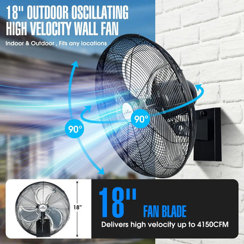 18 Inch Outdoor Oscillating High Velocity Wall Fan With 4150 CFM Heavy Duty Weatherproof UL-Certified Motor for outdoor cooling